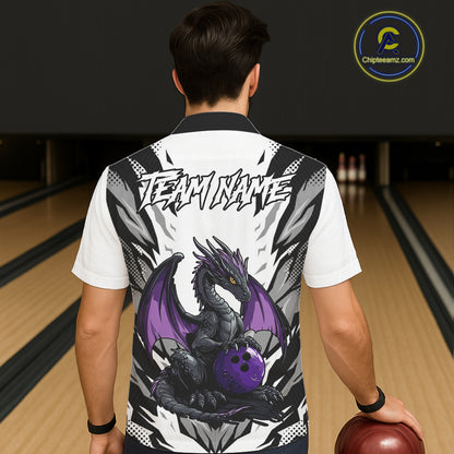 Black and White Bowling Button-up Shirts Custom Purple Dragon Bowling Team Hawaiian Jerseys NQS11740