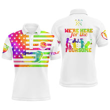 Load image into Gallery viewer, Watercolor American flag mens golf polo shirts custom name we&#39;re here for the foursome golf gifts NQS5465