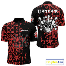 Load image into Gallery viewer, Black and Red Camo Funny Skull Bowling Polo, Quarter Zip Shirt for Men Custom Bowling Team Jersey NQS9969