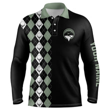 Load image into Gallery viewer, Green argyle pattern black Mens golf polo shirts custom name golf tops for mens, golfing gifts NQS5943