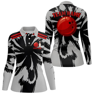 Black and Gray bowling Polo, Quarter Zip Shirt for Women Custom Red bowling ball Team Bowling jerseys NQS8057