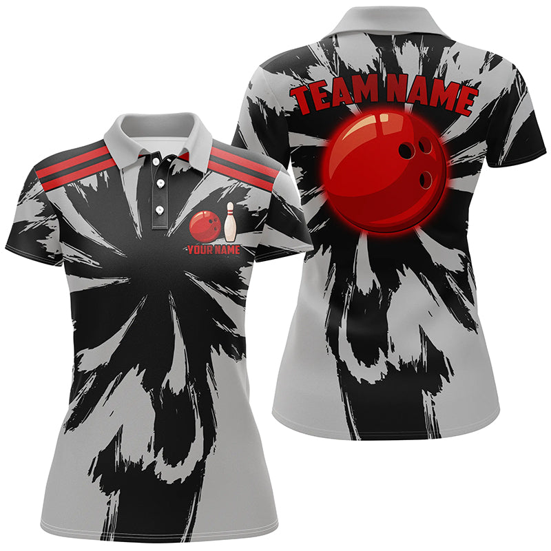 Black and Gray bowling Polo, Quarter Zip Shirt for Women Custom Red bowling ball Team Bowling jerseys NQS8057