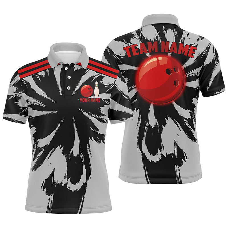 Black and Gray bowling Polo, Quarter Zip Shirt for Men Custom Red bowling ball Team Bowling jerseys NQS8057