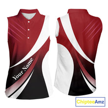 Load image into Gallery viewer, Women Sleeveless Polo Shirt custom name red and white golf shirt, tournament golf tops for ladies NQS10259