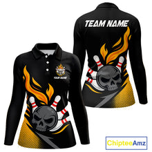 Load image into Gallery viewer, Custom Black and Yellow Flame Skull Bowling shirts for Women, bowling team league jerseys with Name NQS10263