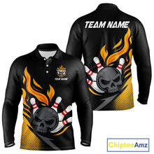 Load image into Gallery viewer, Custom Black and Yellow Flame Skull Bowling shirts for Men, bowling team league jerseys with Name NQS10263