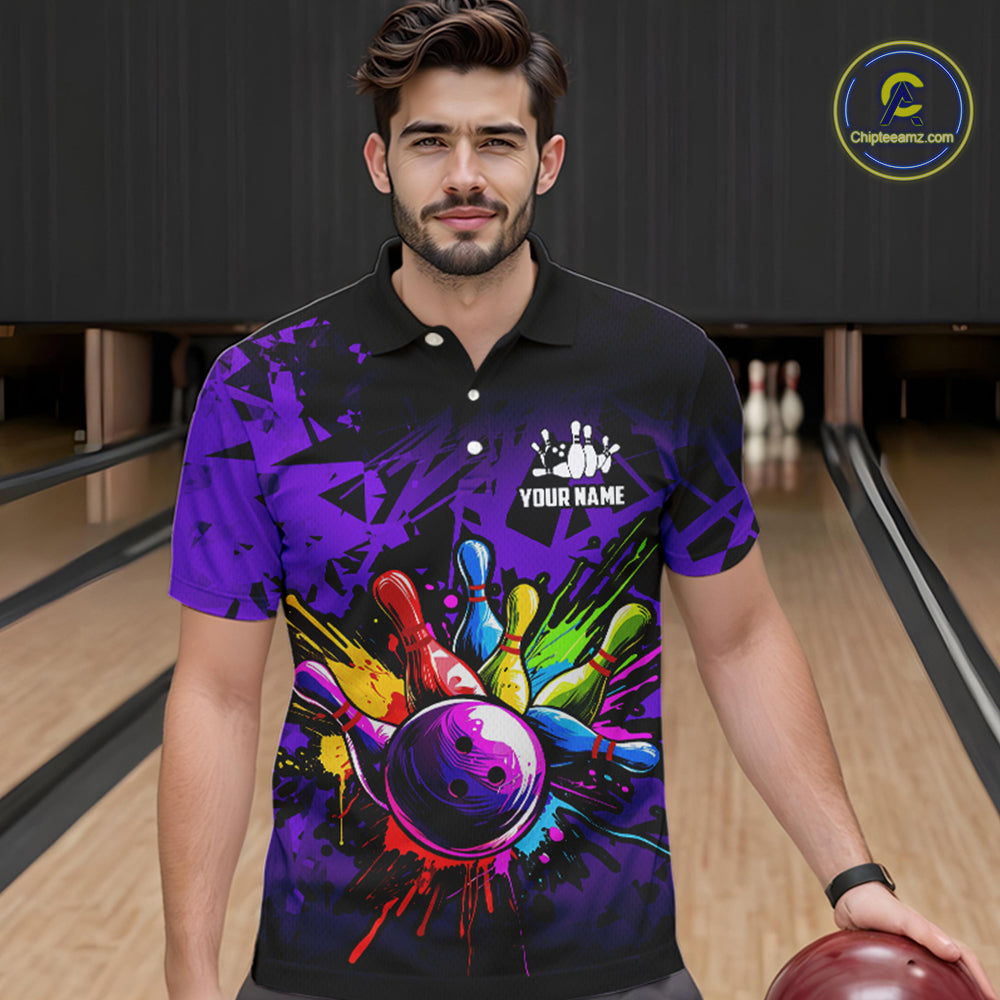 Colorful bowling jerseys Polo, 1/4 Zip Shirt for Men Custom Bowling Team shirts for bowler | Purple NQS8258
