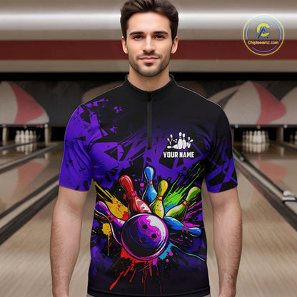 Colorful bowling jerseys Polo, 1/4 Zip Shirt for Men Custom Bowling Team shirts for bowler | Purple NQS8258