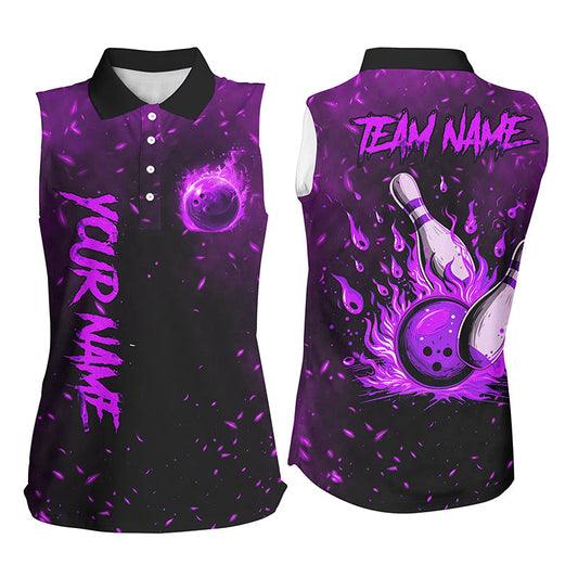 Purple Flame Bowling Jerseys For Women Custom Bowling Sleeveless Polo shirts for Team, Gift for Bowler NQS8466