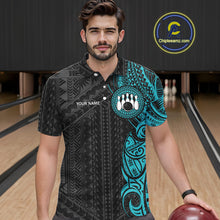 Load image into Gallery viewer, Black and Cyan Blue Tribal pattern Men Bowling Shirt Custom Bowling outfit men Team bowling jersey NQS10649