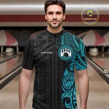 Load image into Gallery viewer, Black and Cyan Blue Tribal pattern Men Bowling Shirt Custom Bowling outfit men Team bowling jersey NQS10649