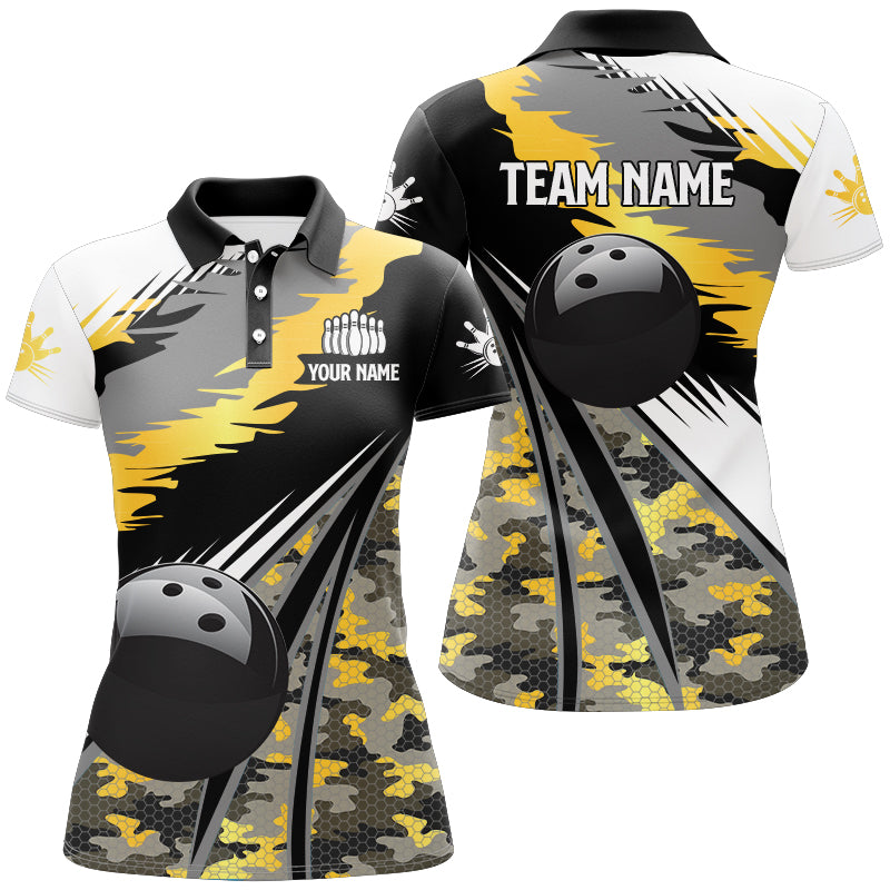 Women polo, quarter zip bowling shirt Custom black ball Gold camo Bowling Team Jersey, gift for Bowler NQS8712