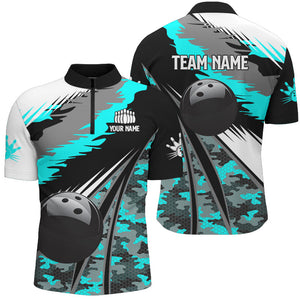 Mens bowling shirts Custom black ball Cyan Blue camo Bowling Team Jerseys, gift for Bowler NQS8713