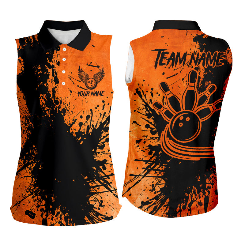 Black and Orange Women Sleeveless Polo Shirt Custom Halloween Bowling Team League Jerseys NQS8722