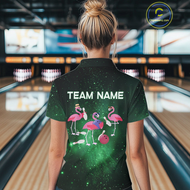 Funny Flamingo Team bowling shirts for Women custom Green Galaxy pattern bowling jerseys for bowlers NQS10884