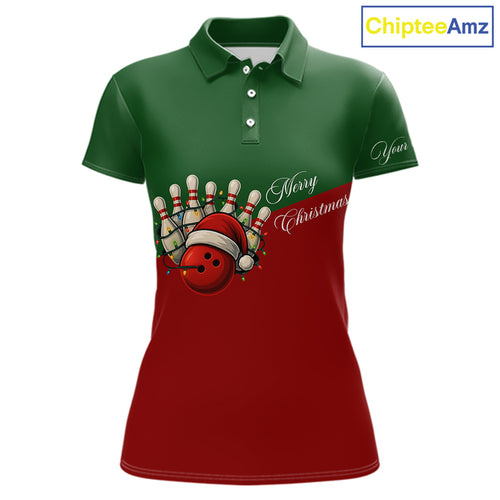 Red and Green Christmas Bowling Polo, Quarter Zip Shirts For Women custom Ladies bowling jerseys NQS11052