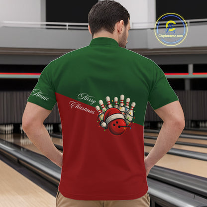 Red and Green Christmas Bowling Polo, Quarter Zip Shirts For Men custom mens bowling jerseys NQS11052
