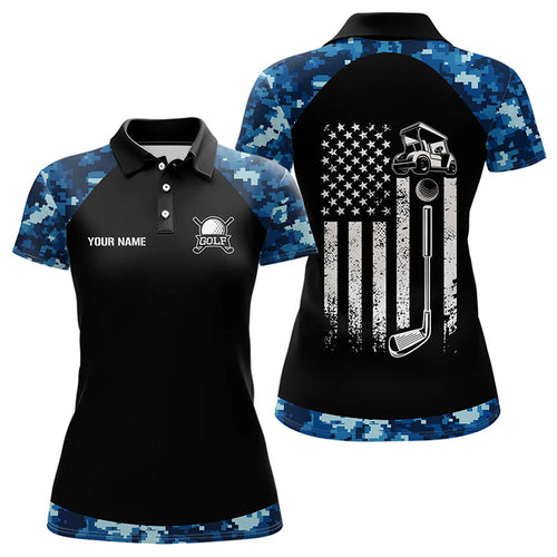 Black and Blue Camo American Flag Womens Golf Polo Shirts custom patriotic golf tops for women NQS9180