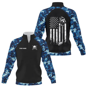 Black and Blue Camo American Flag Quarter zip golf sweatshirt custom patriotic golf sweater NQS9180