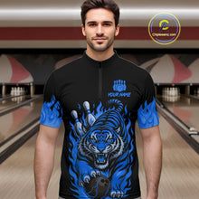 Load image into Gallery viewer, Black and Blue Flame Tiger Bowling Polo, 1/4 Zip Shirts for Men Custom Team Tiger Bowling Jersey NQS11256