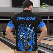 Load image into Gallery viewer, Black and Blue Flame Tiger Bowling Polo, 1/4 Zip Shirts for Men Custom Team Tiger Bowling Jersey NQS11256