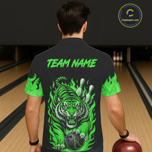 Load image into Gallery viewer, Black and Green Flame Tiger Bowling Hawaiian Shirt Custom Team Tiger Bowling Jersey NQS11257