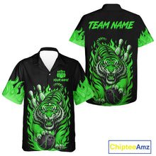 Load image into Gallery viewer, Black and Green Flame Tiger Bowling Hawaiian Shirt Custom Team Tiger Bowling Jersey NQS11257