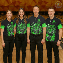 Load image into Gallery viewer, Black and Green Flame Tiger Bowling Polo, 1/4 Zip Shirts for Men Custom Team Tiger Bowling Jersey NQS11257