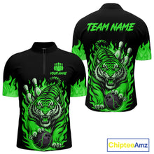 Load image into Gallery viewer, Black and Green Flame Tiger Bowling Polo, 1/4 Zip Shirts for Men Custom Team Tiger Bowling Jersey NQS11257