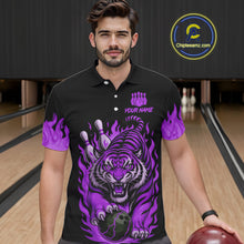 Load image into Gallery viewer, Black and Purple Flame Tiger Bowling Polo, 1/4 Zip Shirts for Men Custom Team Tiger Bowling Jersey NQS11258