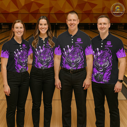 Black and Purple Flame Tiger Bowling Polo, 1/4 Zip Shirts for Men Custom Team Tiger Bowling Jersey NQS11258