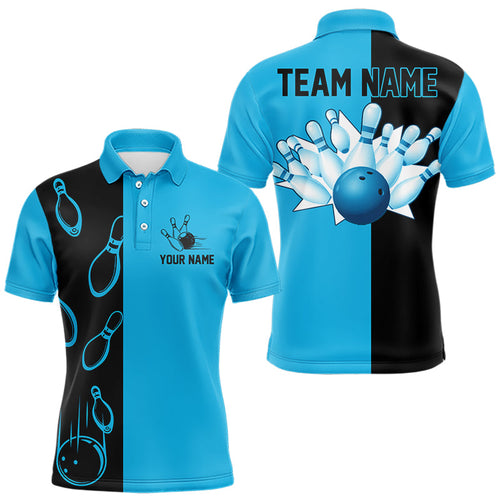 Cyan Blue and Black retro vintage Bowling polo, quarter zip shirts for men custom Bowling team jerseys NQS9534