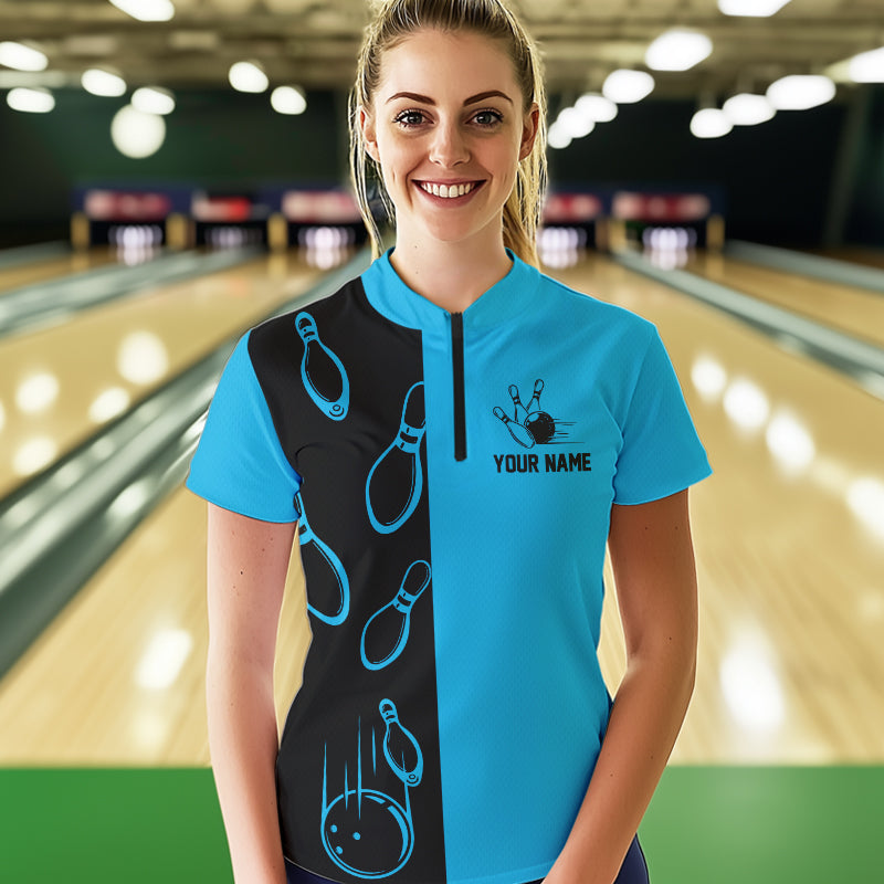 Cyan Blue and Black retro vintage Bowling polo, quarter zip shirt for Women custom Bowling team jersey NQS9534