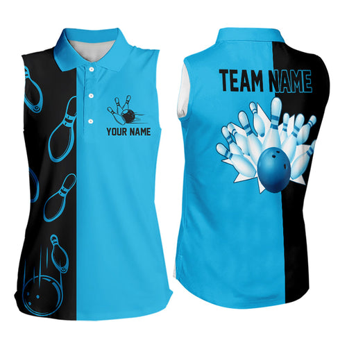 Cyan Blue and Black retro vintage Bowling Sleeveless Polo shirt for Women custom Bowling team jersey NQS9534