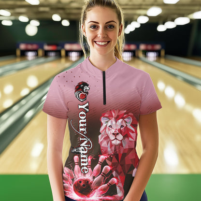 Red Lightning Lion Bowling Polo, Quarter Zip Shirts for Women Custom Lion Bowling Team jerseys NQS9692