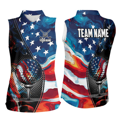 Red, White and Blue American Flag Women Sleeveless Polo Shirt Custom Patriotic Team Golf Shirt NQS9695