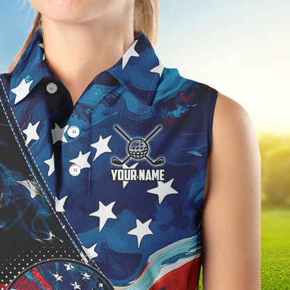 Red, White and Blue American Flag Women Sleeveless Polo Shirt Custom Patriotic Team Golf Shirt NQS9695
