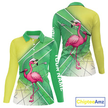 Load image into Gallery viewer, Funny Pink Flamingo Golf Polo Shirts for Women Custom Flamingo ladies golf outfit | Green NQS11746