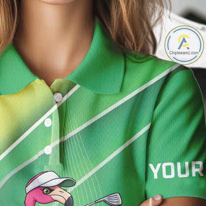 Funny Pink Flamingo Golf Polo Shirts for Women Custom Flamingo ladies golf outfit | Green NQS11746
