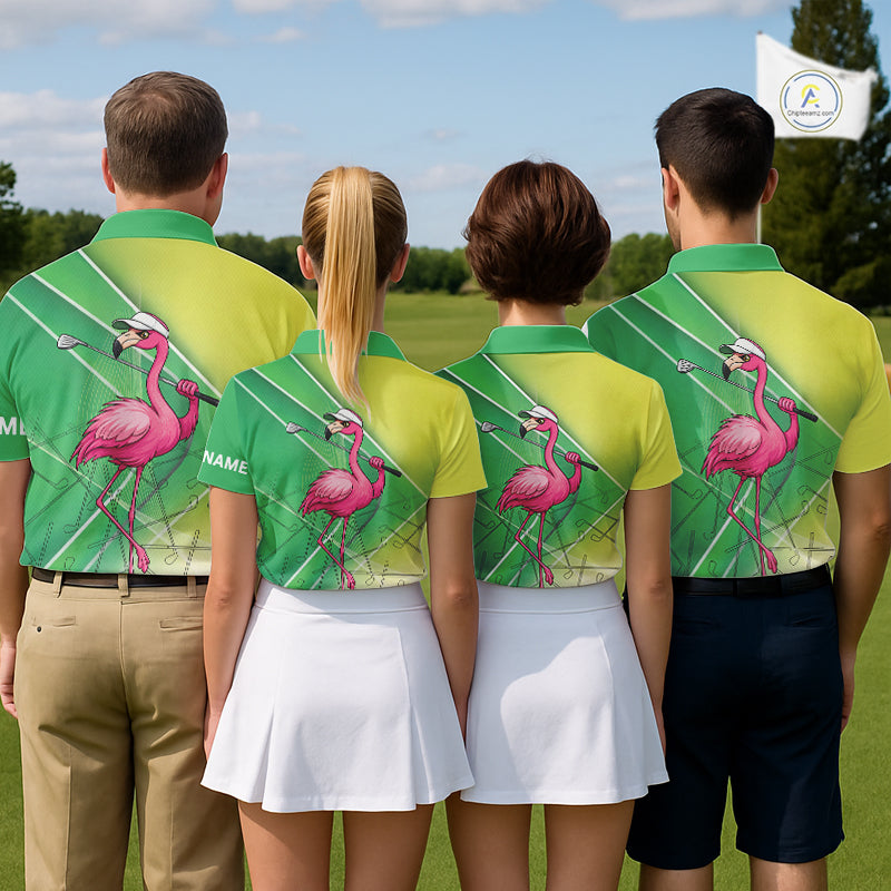 Funny Pink Flamingo Golf Polo Shirts for Men Custom Flamingo mens golf outfit | Green NQS11746