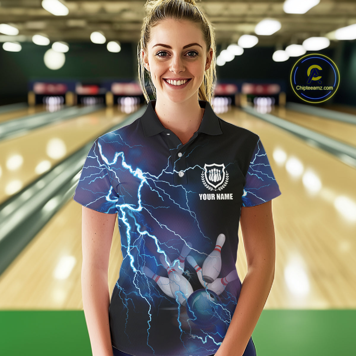 blue personalized bowling shirt for women – custom name design side view