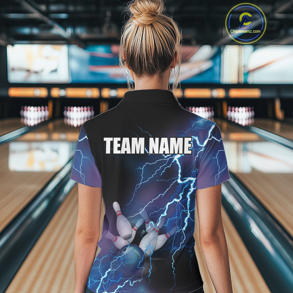 Custom bowling shirt for women – blue team jersey back view