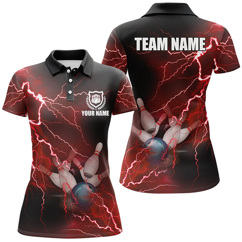 Women bowling polo shirts Custom red lightning thunder Bowling Team Jersey, gift for team Bowlers NQS6145