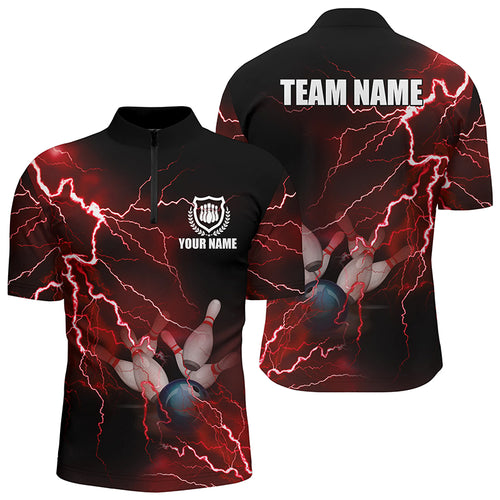 Men's bowling Quarter Zip shirts Custom red lightning thunder Bowling Team Jersey, gift for Bowlers NQS6145
