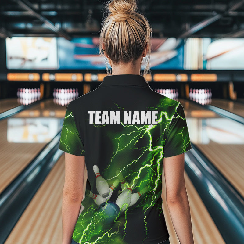 Women bowling polo shirts Custom green lightning thunder Bowling Team Jersey, gift for team Bowlers NQS6146