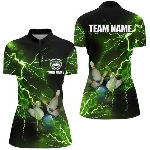 Womens bowling Quarter Zip shirts Custom green lightning thunder Bowling Team Jersey, gift for Bowlers NQS6146