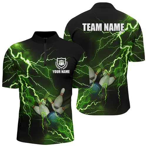 Men's bowling Quarter Zip shirts Custom green lightning thunder Bowling Team Jersey, gift for Bowlers NQS6146