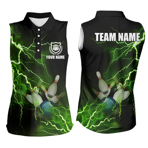 Women bowling sleeveless polo shirts Custom green lightning thunder Bowling Team Jersey NQS6146