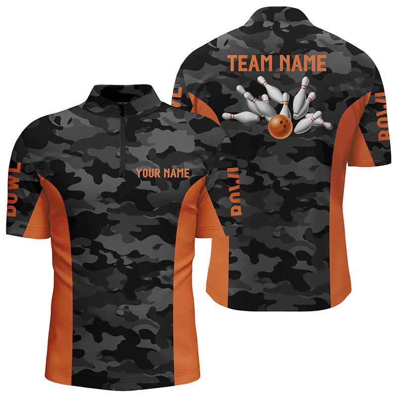 Men bowling Quarter Zip shirts Custom gray camo Bowling Team Jersey, Bowling Team League Shirt| Orange NQS6149