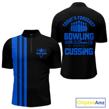 Load image into Gallery viewer, Black and Blue retro Bowling shirts for men custom Today&#39;s forecast bowling with a chance of cussing NQS10453